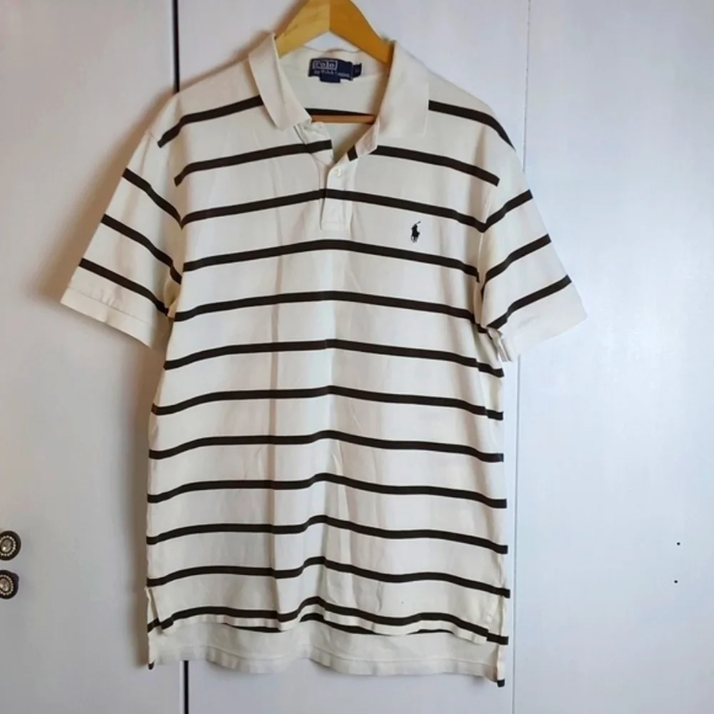 Ralph Lauren| Mens White /Black Striped Polo Shirt Short Sleeve Preppy Sz.XL